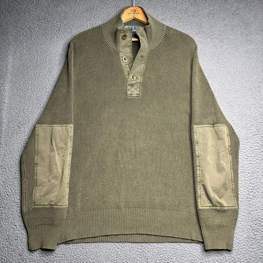 Vintage Polo Ralph Lauren Commando Sweater Mens L Olive Green Ribbed Patch Knit